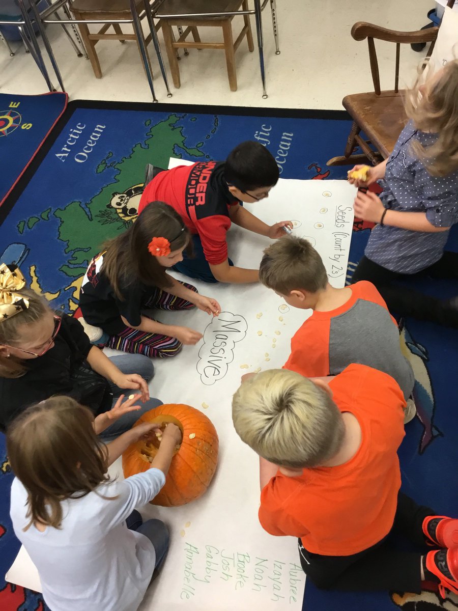 HhdsSchools's tweet photo. Mrs. Murray's third-graders at Ridge Rd counting pumpkin seeds by twos, fives, or tens yesterday. Did you know that smaller pumpkins usually have more seeds? And the more lines a pumpkin has, the more seeds it has. #ExploreEmpowerExcel #Halloween https://t.co/i0Ryr2gTKu