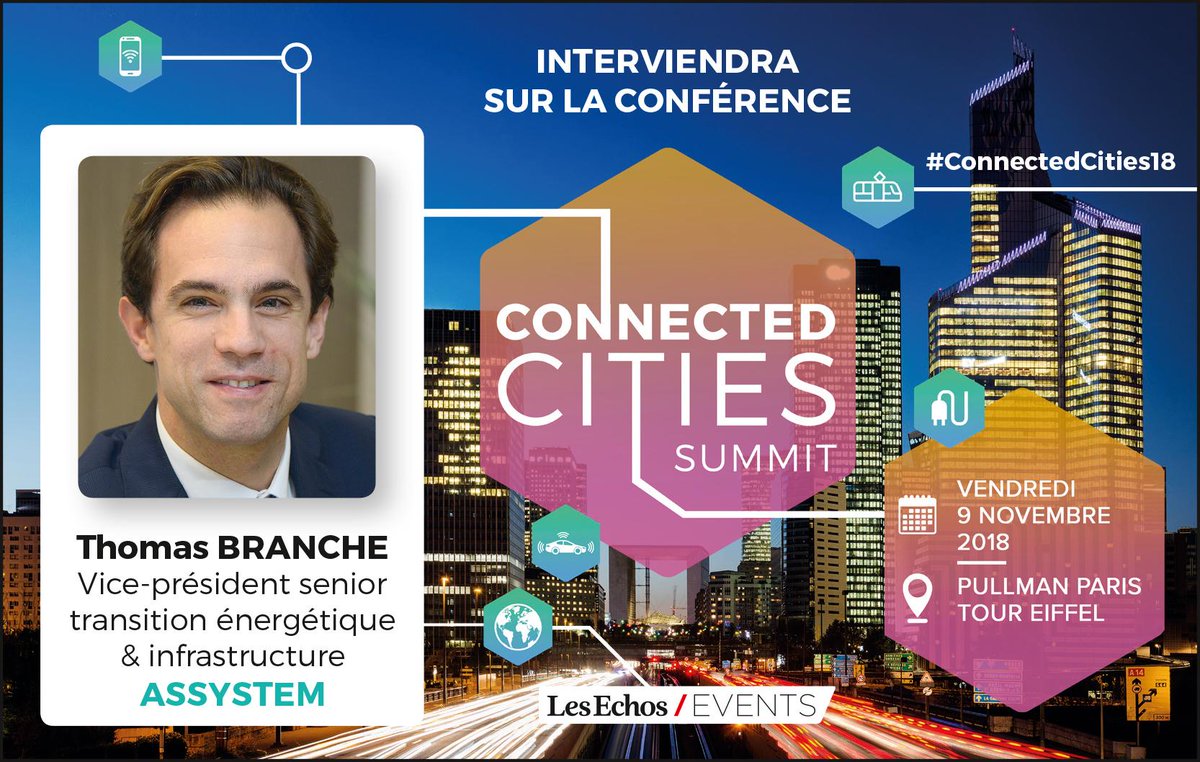 Le 9/11 à Paris, T.Branche, SVP Transition Energétique &amp; Infras d’Assystem interviendra lors de la conf #ConnectedCities18 dédiée à la «Mobilité: quelle transition digitale des infras d’ici 2024?» organisée par <a href="/LesEchosEvents/">Les Echos Events</a>. 
+ d'infos &amp; inscriptions: bit.ly/2RWBvEa