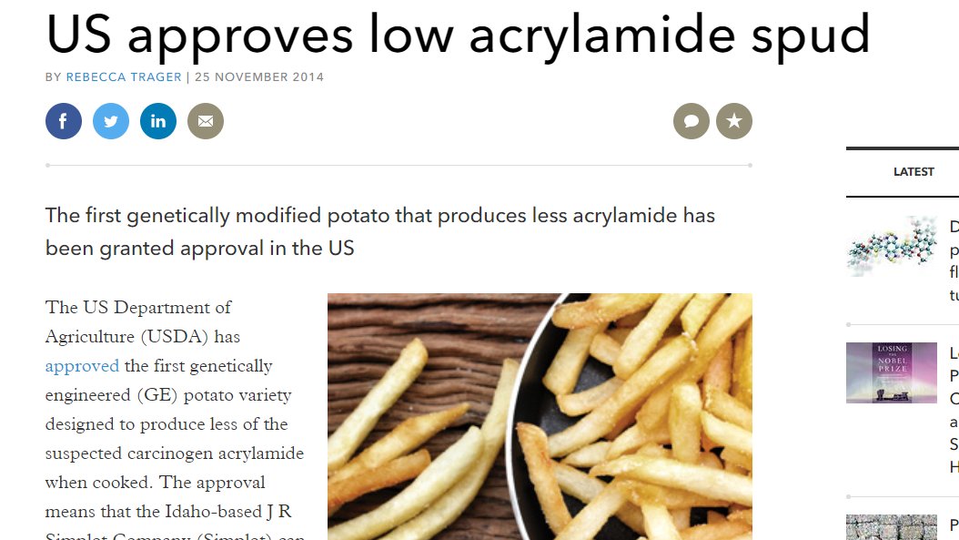 elkdeboer's tweet photo. @maddisfoodfacts @UofGFoodProf @UniSpud Swedish studies have shown that processed potato products such as potato chips have high levels of acrylamide, a compound that can cause genetic damage. Should Canadian producers switch to producing GE low-acrylamide spuds? #Food2150 #assignment https://t.co/LX0EoYlTcC