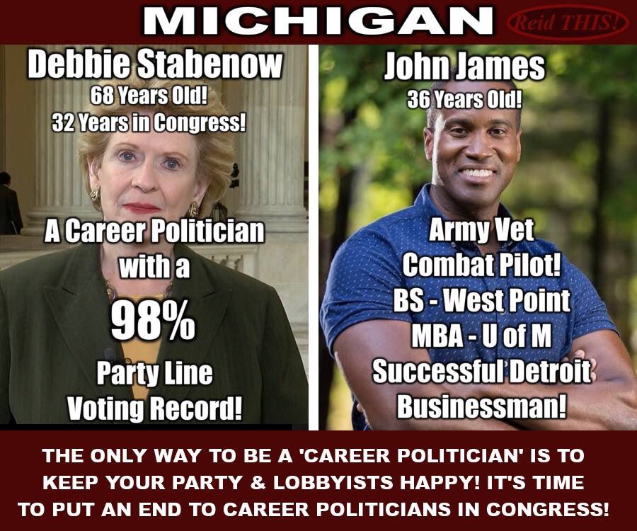 Տᗩᑎᗪᖇᗩ ن on Twitter: "Michigan vote John James for congress!! Army veteran  combat pilot , business man Debbie Stabenow is a career politician. 32  years in Congress. Time for Debs to retire