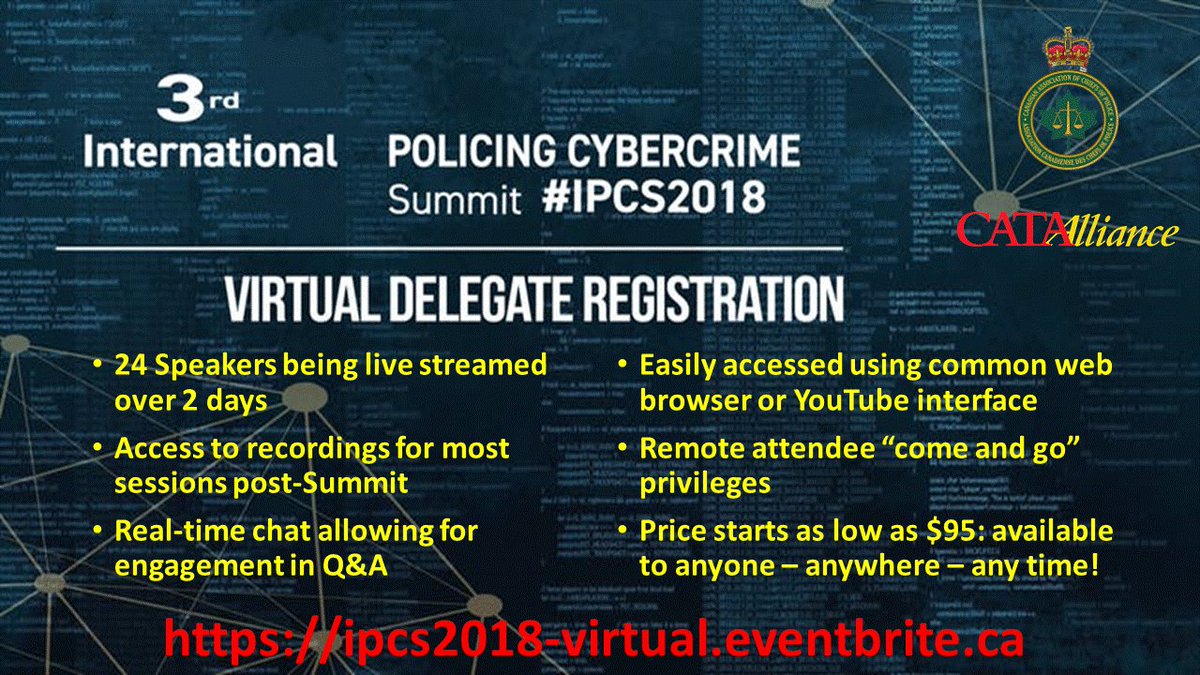KevinWennekes's tweet photo. Still a few seats remaining to attend in person or take advantage of our Virtual Delegate program and enjoy remote access from where ever you may be! @CATAAlliance @CACP_ACCP #cybercrime #IPCS2018 Get more details here: https://t.co/7qrINKrgp8 - Nov 5 & 6 2018 https://t.co/JRTPeZwArj