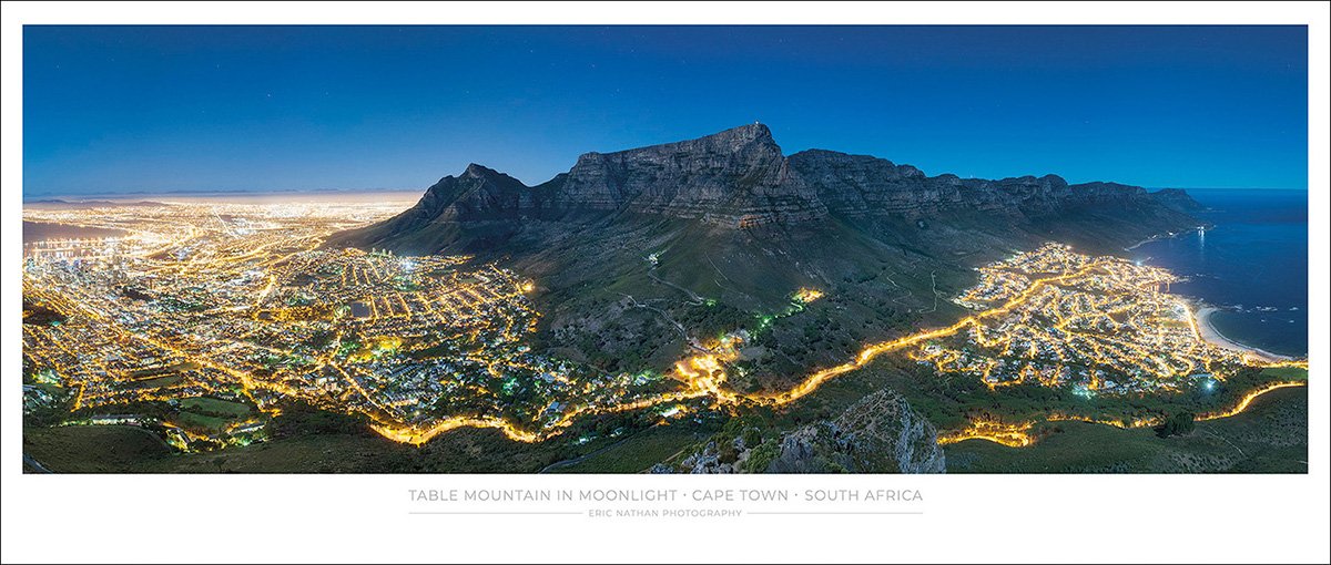 My panoramic "Table Mountain In Moonlight" image is now available as a high-quality poster! More info here: tinyurl.com/y9eabfez #CapeTown #SouthAfrica #TableMountain #nightphotography #EricNathanPhotography