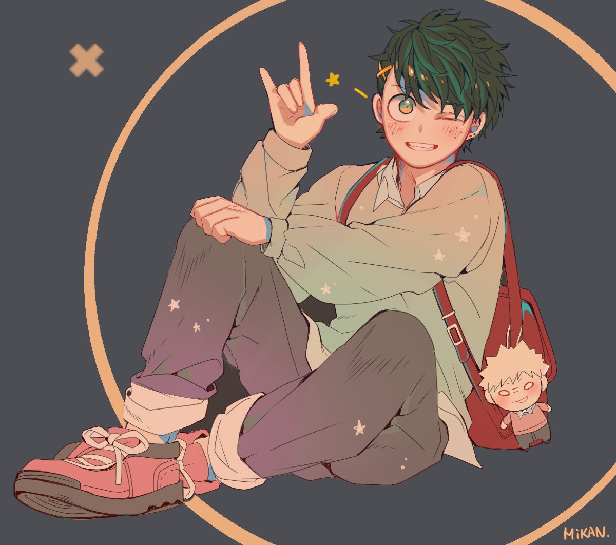 midoriya izuku male focus one eye closed bag 1boy green hair character doll smile  illustration images