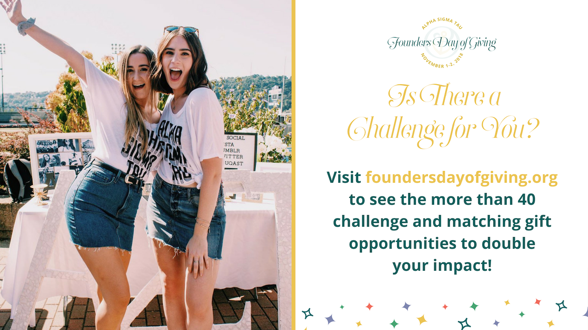 alphasigmatau's tweet photo. Is there a challenge for you? More than 40 challenge and matching gift opportunities are happening at https://t.co/OR4tZe1F7q. Make your #astfoundersdayofgiving gift now to unlock bonus funds, give your chapter a boost in the Chapter Challenge, and double your impact! #AST119 https://t.co/WwtKB5xnff