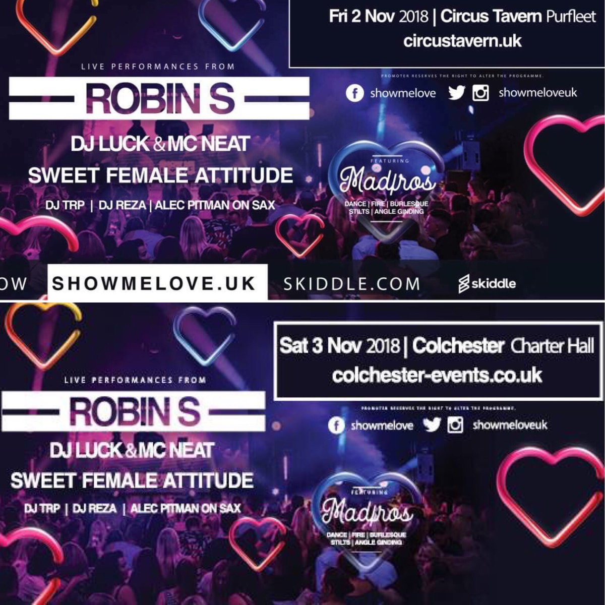 Who is ready for this SML weekender we have the legend #robins over from the states <a href="/DJLUCKofficial/">DJ LUCK</a> <a href="/MCNEATofficial/">MC Neat</a> <a href="/LucknNeat/">DJ Luck & MC Neat</a> <a href="/LeanneSweetFA/">Sweet Female Attitude</a> it’s gonna be a weekend to remember 🙌🏻 only a few tickets left Friday! Saturday sold out! showmelove.uk