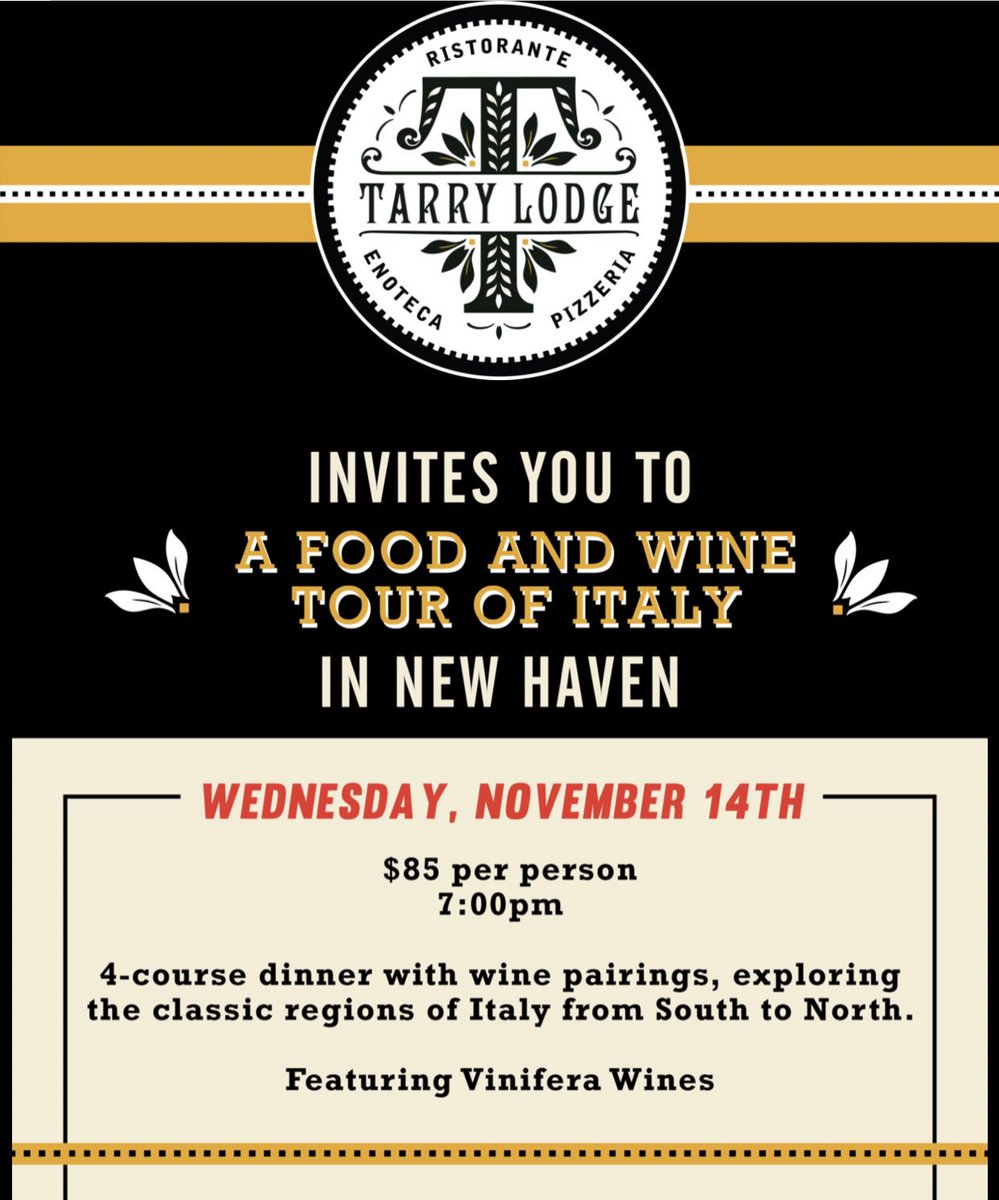 TarryNewHaven's tweet photo. Join us on Wednesday, November 14th for a 4-Course Food &amp; Wine tour of Italy! Hit the link for the menu &amp; Call 203-672-0765 to reserve today!

https://t.co/ZuLVdRzmJK https://t.co/XUZcrunO8O