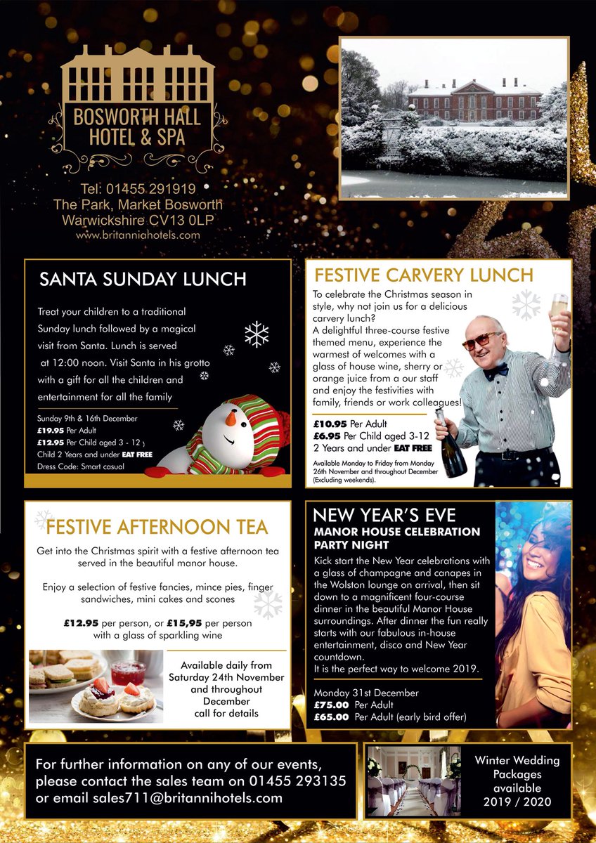 BosworthHall's tweet image. Party nights and more at #BosworthHall over the festive season! #Christmas2018 #Festive #lunch #afternoontea #NewYearsEve #WinterWedding 🎅🏻