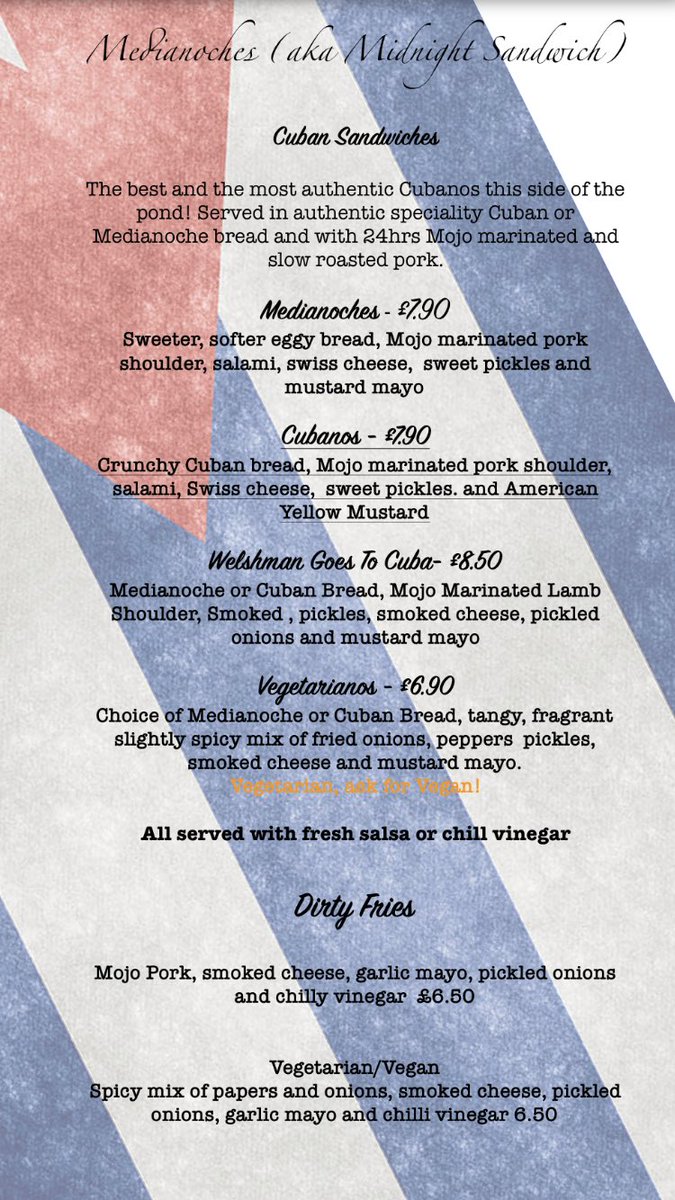Our kitchen is now open. Serving the best Cuban sandwiches and dirty fries. Serving 5-9 Wednesday Thursday and 12-3 5-9 Friday and Saturday. Come stuff your face