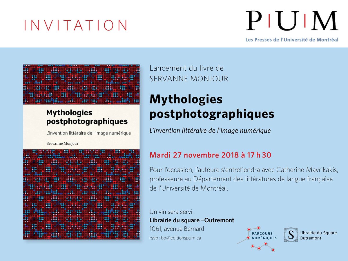 Rendez-vous le 27 novembre à 17h30 pour le lancement du livre Mythologies postphotographiques de <a href="/servanne_m/">Servanne M.</a> avec <a href="/catmavrikakis/">Catherine mavrikakis</a> à la <a href="/librairiedusqua/">Librairie du Square</a>