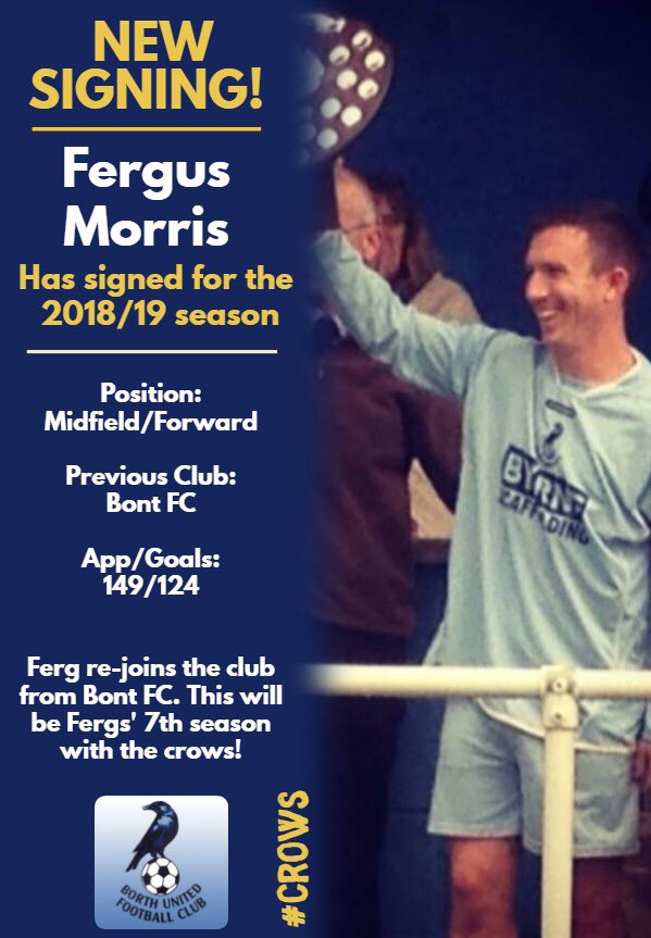 TRANSFER | ✍🏻
@FergusMorris1 signs from <a href="/Bontfc/">BontFC</a> ! Ferg flys home to his local borth after a few seasons away. Ferg has a wealth of experience and a lot of history with our club. Glad to have you back!! Thanks Bont for the quick and easy transfer. #Crows #HesBack #LocalLegend 🤝