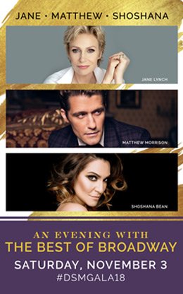 ArtsOnePass's tweet photo. Join us this Saturday at Music Hall at Fair Park for An Evening with the Best of Broadway. We're bringing to Dallas the talents of Jane Lynch, Matthew Morrison and Shoshana Bean. Tickets start at $45, purchase your's below. 
https://t.co/d6j1wkqwZk https://t.co/Tx15UxPMXU