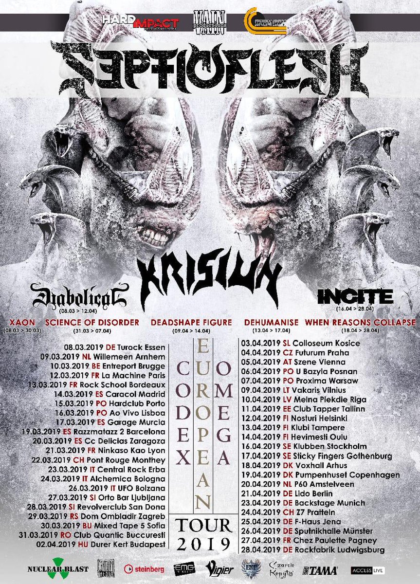 Krisiun's tweet photo. We're really happy to announce our European 2019 Tour, supporting our new album Scourge of the Enthroned, released by @centurymedia. We'll share the stage with @septicfleshband, @DiabolicalBand, @INCITEband, #Xaon, @SDISORDER, @DeadShapeFigure, #Dehumanise and @WRCollapse!  🤘🤘 https://t.co/QU0aFXslel