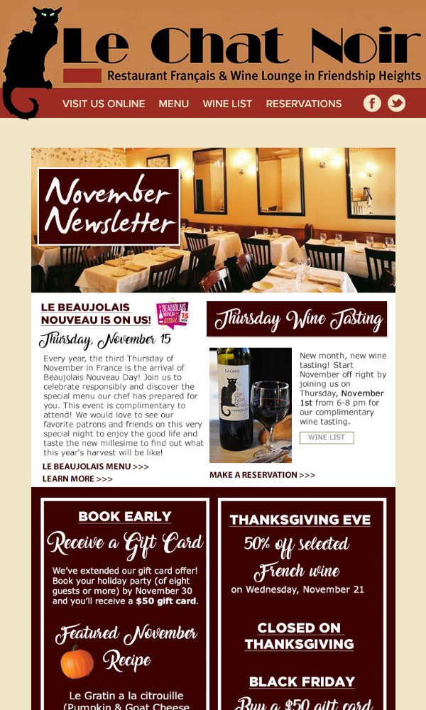 A November of Gatherings, Gift Cards &amp; More at Le Chat Noir! bit.ly/2PyKxZA
