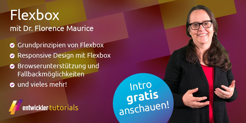 entw_tutorials's tweet image. Layouten in CSS sind dank Flexbox keine mühsame Angelegenheit mehr. Wie man Flexbox effektiv einsetzt erklärt Ihnen Dr. Florence Maurice @FlorenceMauri im neuen Tutorial! Jetzt 15 Minuten gratis anschauen >> ://bit.ly/2EWDaXS