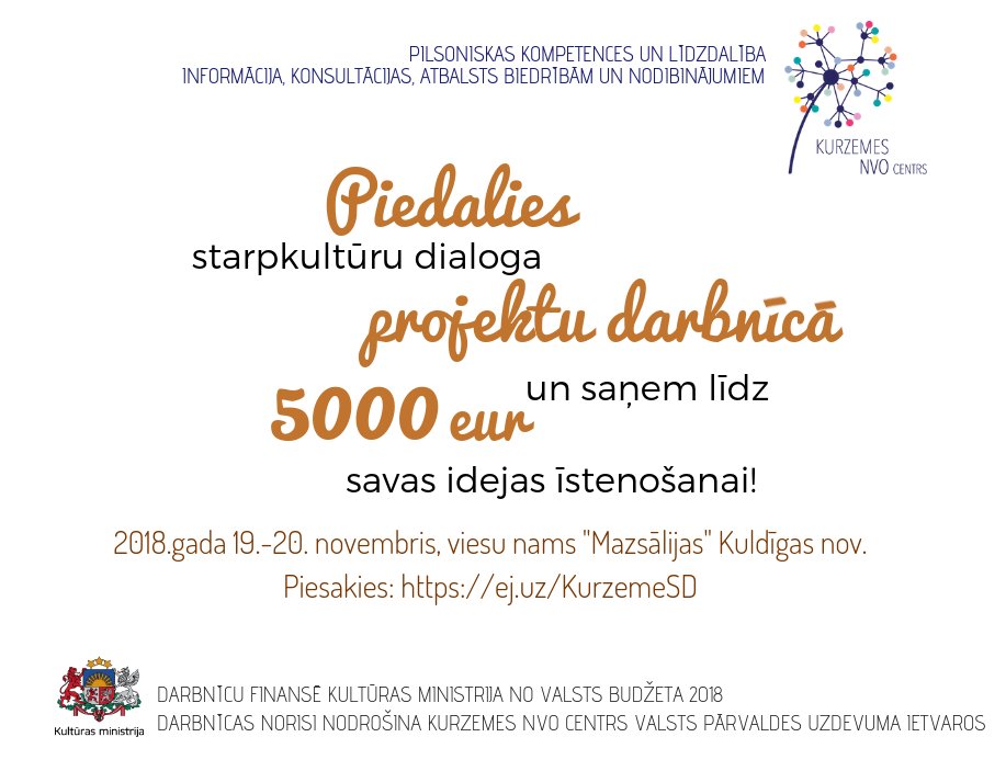 Esi gatavs izaicinājumiem atvērt savu prātu un palīdzēt to darīt arī citiem? Piesakies starpkultūru dialoga projektu darbnicai! Pieteikšanās līdz 14.nov. ej.uz/KurzemeSD!
