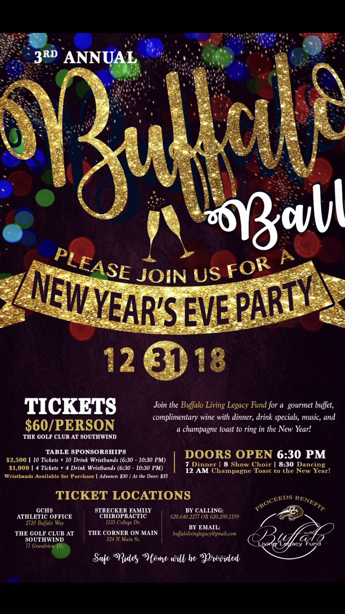 It’s never too early to start planning!! Come join the Buffalo Legacy on New Years Eve for a fun evening with great meal to support scholarships for GCHS seniors! We hope to make this our best year yet! You don’t want to miss this!