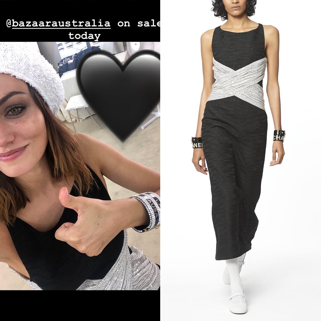 Dress Like Phoebe Tonkin on X: 15 October [2018]  On Phoebe Tonkin IG  stories wearing #chanel Wool Jacquard Black Dress ($25.505) from the 2019  Cruise collection – look 76 – Tweed