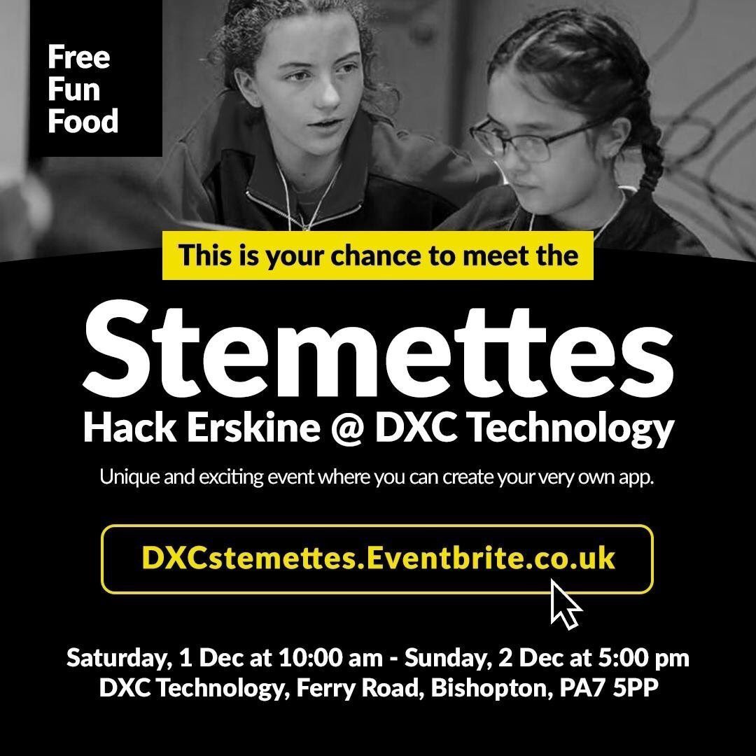 LaurenR245's tweet photo. On the 1st&amp;2nd of Dec @DXCTechnology Erskine will partner with @Stemettes to host a hackathon for around 50 girls ages 5 - 22.The girls will be set a technical challenge to create an app over the two days and will be judged by leaders in the industry. https://t.co/Pi3S9zfWh2 https://t.co/GUilo4z9Kg