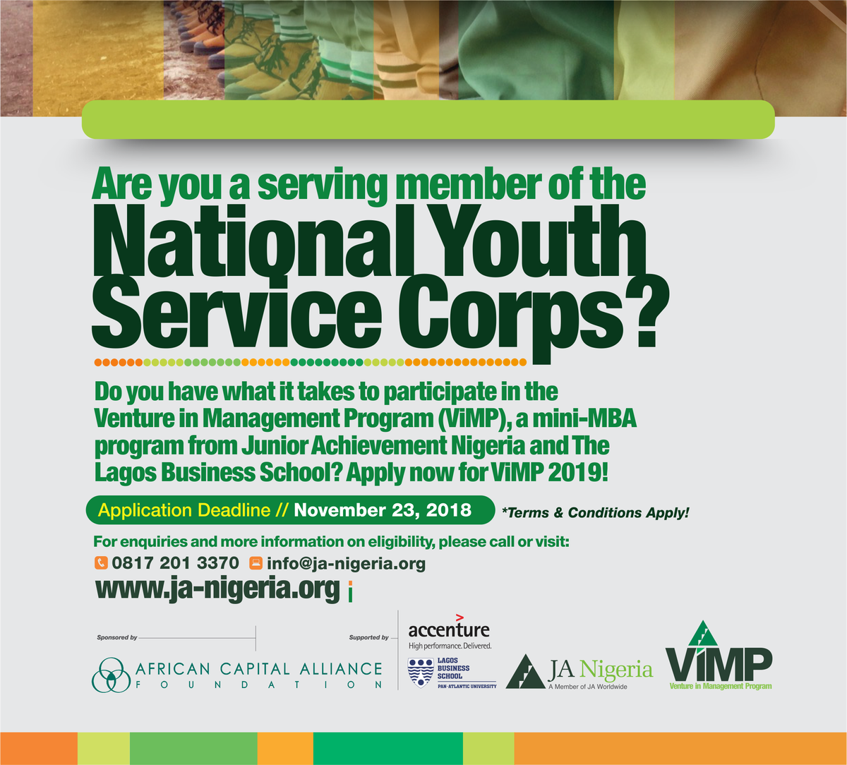 JANigeria's tweet photo. The #ViMP2019 is proudly brought to you by #JAN and African Capital Alliance Foundation, supported by @LBSNigeria and @Accenture.
#ViMP2019 #MiniMBA #YouthEmpowerment #NYSC #Youth #ApplyNow #TellAFriend #ACAFoundation #LBS #Accenture #JAN #IAMJAN
@JA_Africa_ @JAWorldwide https://t.co/wJMcsGUP4z