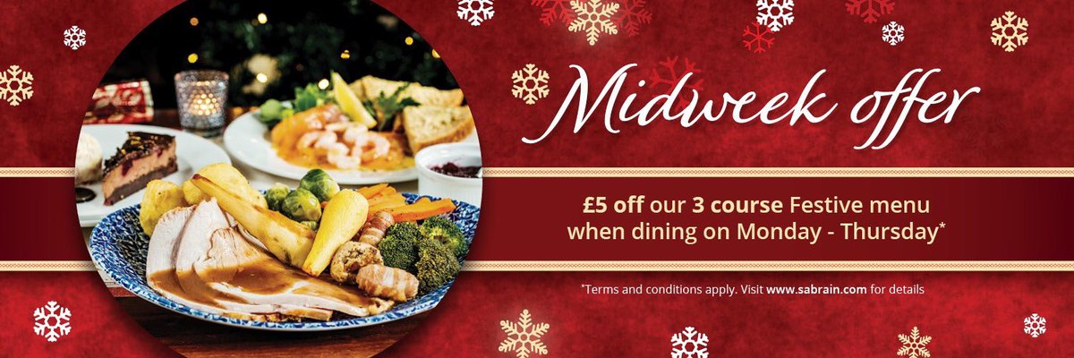 Just 19 days away until we start our festive menu and there’s still time to book and use the mid week offer of £5 off our 3 courses when dining on Monday - Thursday T&amp;C applies