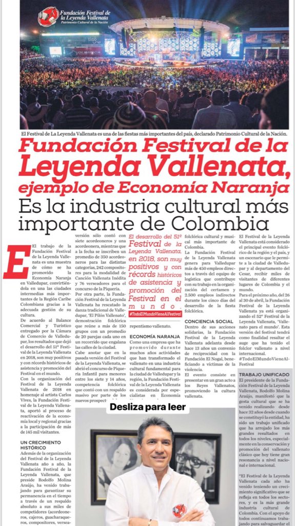 <a href="/FESVALLENATO/">Festival Vallenato</a> fue destacada por El Heraldo, como la más grande promotora de la Economía Naranja en la Costa Caribe. El Festival de la Leyenda Vallenata reúne todos los componentes en los campos folclórico, cultural y económico. elheraldo.co/creer-en-la-co…