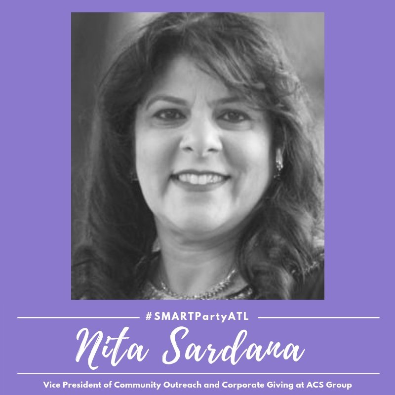 Happy #wcw and meet #SMARTPartyATL SMART Woman, Nita Sardana! Nita serves as a VP of Community Outreach and Corporate Giving at ACS. She's passionate about promoting the love of technology in young girls. More info at goo.gl/7vimQL