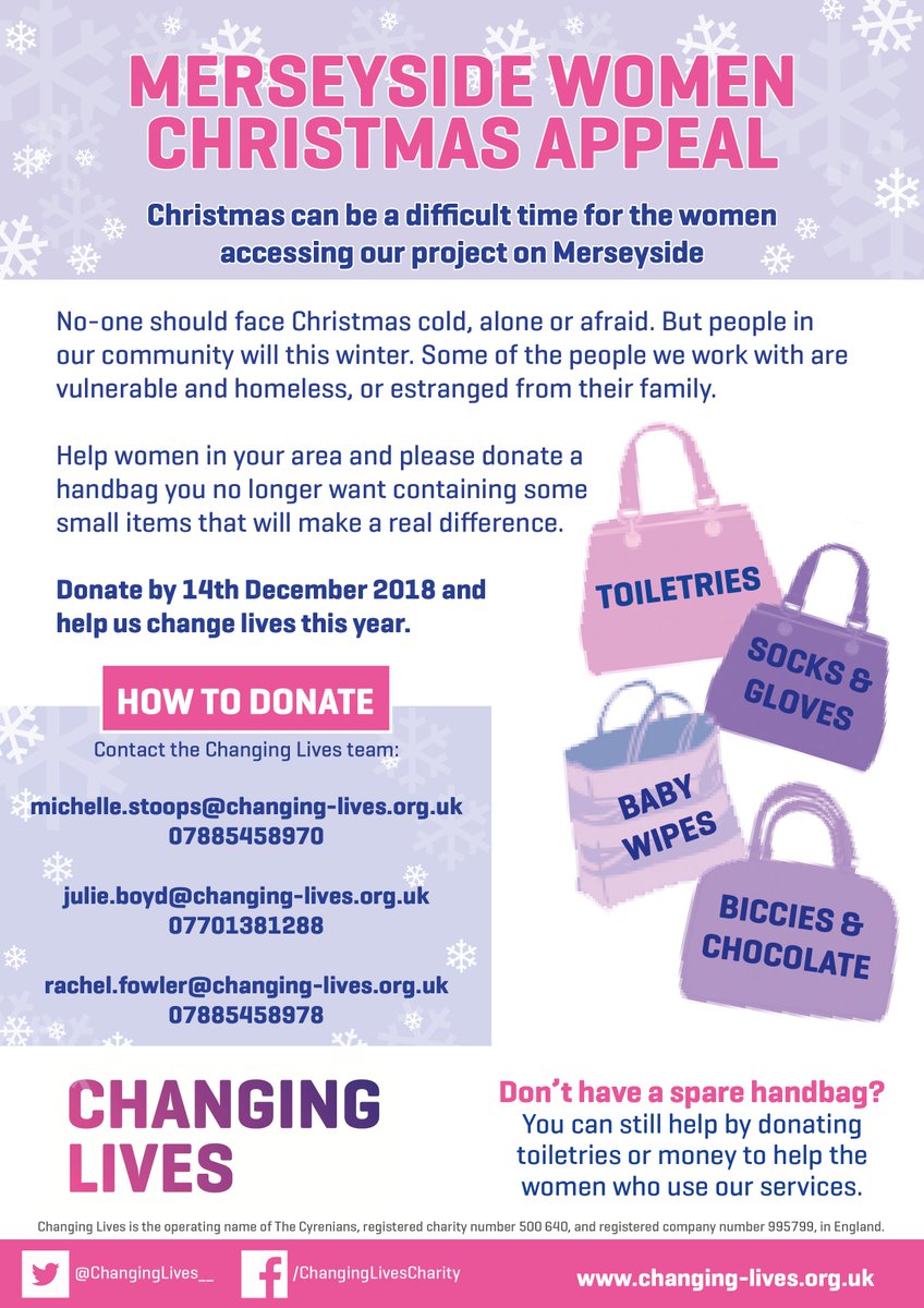 ChangingLives__'s tweet photo. Marvellous Merseyside supporters – we need your help! 

Our project on Merseyside is looking for handbags filled with vital supplies for the vulnerable women who use their services. 

Please RT and together, we can change lives

#MerseysideHour https://t.co/bd6MDWWMf6