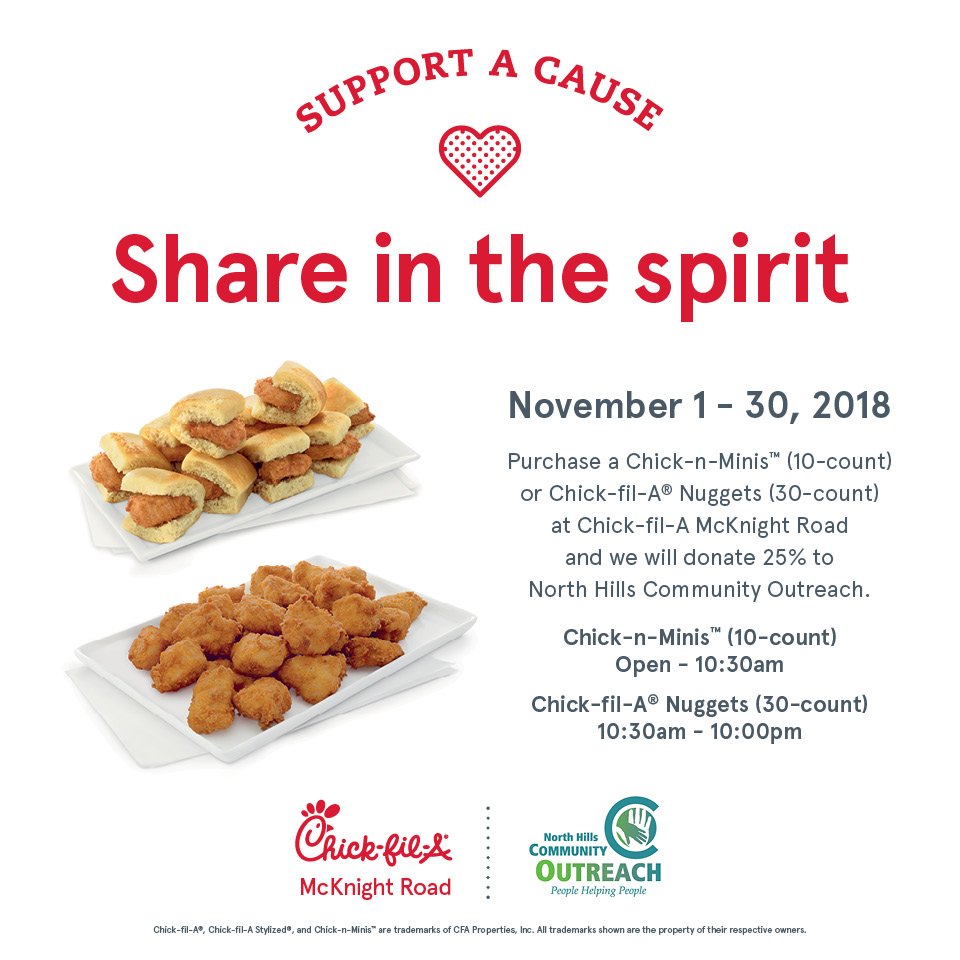 NHCOhelps's tweet photo. #Shareinthespirit with Chick-fil-A on McKnight Road this November. #thinkingaboutlunch https://t.co/MKM73WHOyz