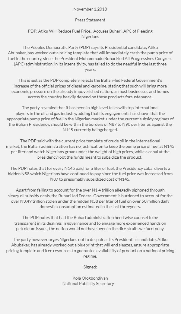 OfficialPDPNig's tweet photo. Fuel Pump Price: Our Presidential candidate, @atiku, has worked out a pricing template that will immediately crash the pump price of fuel in the country, since the @MBuhari -led @OfficialAPCNg administration, in its insensitivity, has failed to do the needful in the last 3 years. https://t.co/RSWn3YqwPx