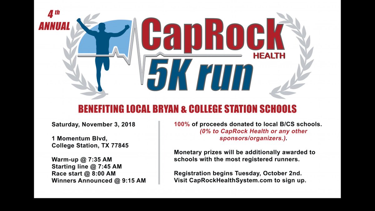 CapRock Health 5K Run - 2018
November 3, 2018

1 Momentum Blvd, CS, TX

Register to support BHS!
This is a family friendly event with prizes including Series 4 Apple Watches, Amazon Echos, Premium headphones, Kindle Fires and gift cards!
100% of the proceeds benefit local schools