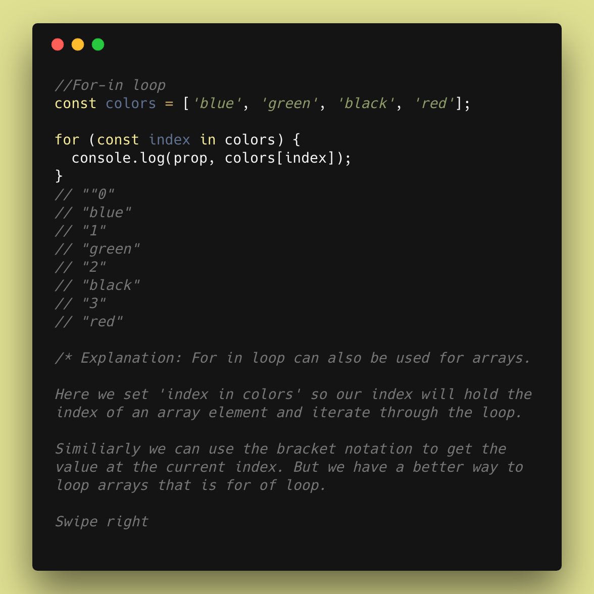 ashu_js's tweet photo. For in and for of loops in js.

#code #html #css #javascript #frontend #Developer #Website #webdesign #ux #ui #java #tech #backend #womenswhocode #100DaysOfCode #ashujs https://t.co/DGqXbKjQs4