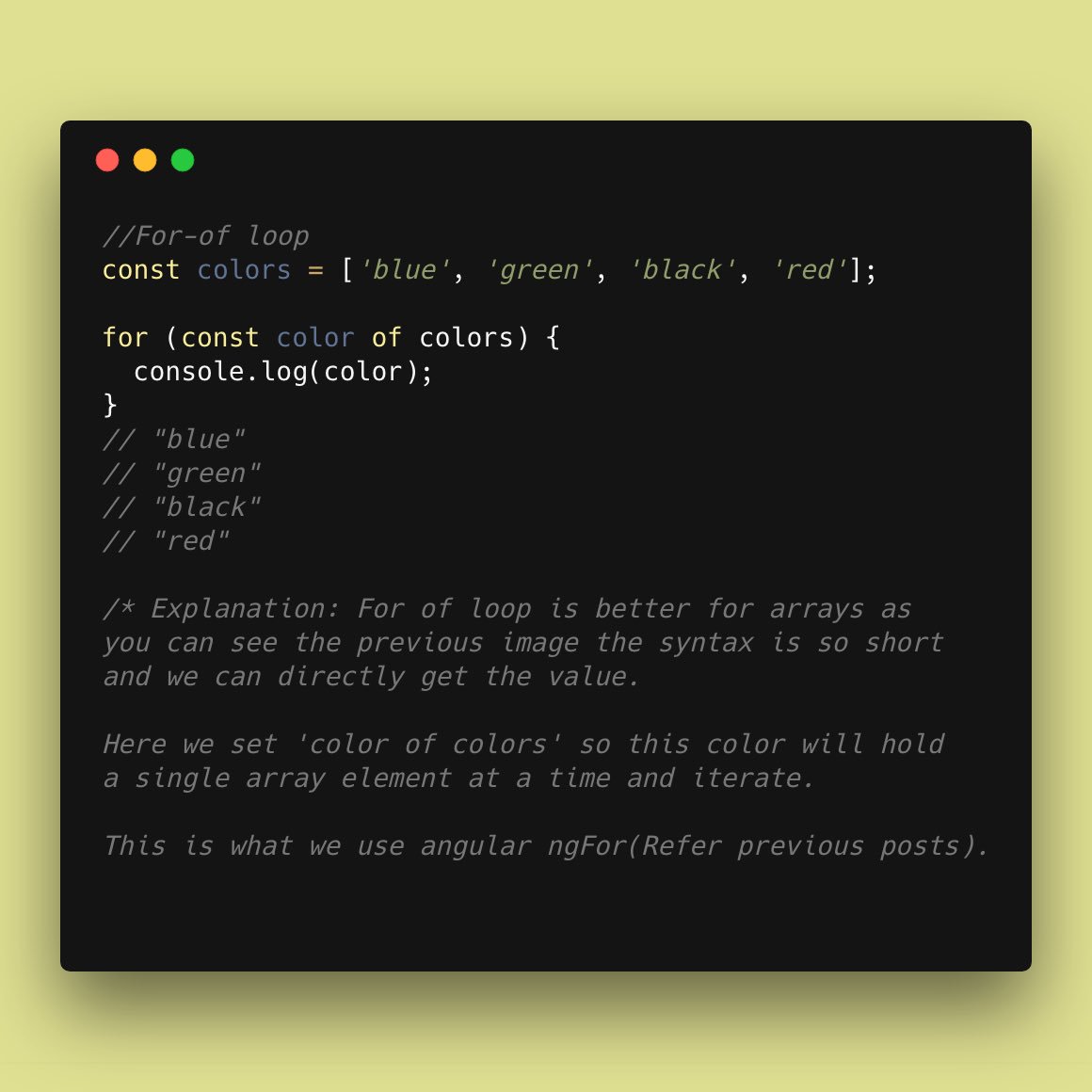 ashu_js's tweet photo. For in and for of loops in js.

#code #html #css #javascript #frontend #Developer #Website #webdesign #ux #ui #java #tech #backend #womenswhocode #100DaysOfCode #ashujs https://t.co/DGqXbKjQs4