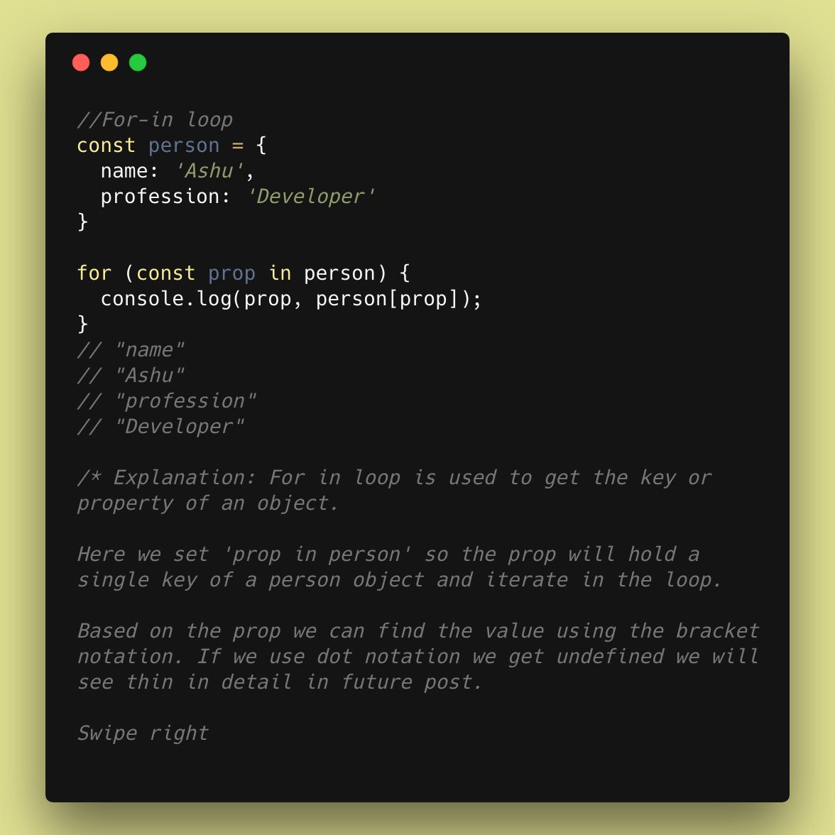 ashu_js's tweet photo. For in and for of loops in js.

#code #html #css #javascript #frontend #Developer #Website #webdesign #ux #ui #java #tech #backend #womenswhocode #100DaysOfCode #ashujs https://t.co/DGqXbKjQs4