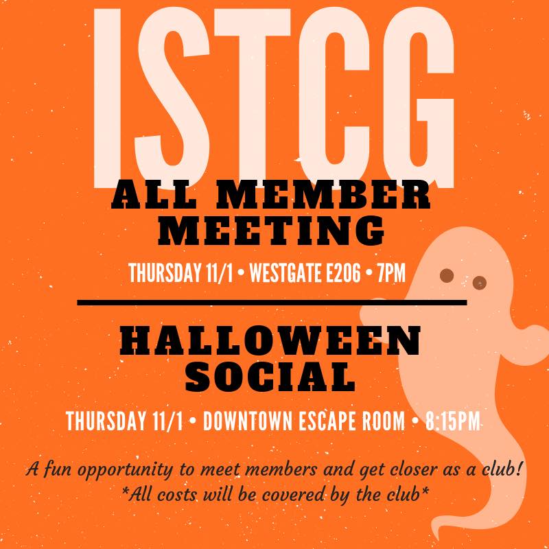 ICGPSU's tweet photo. Come out tonight to our all member meeting followed by our Halloween social at the Escape Room 🎃👻 https://t.co/us7FqTlUu8