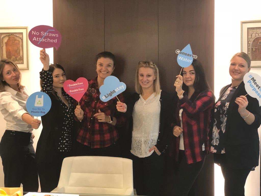 DTHotelsRAK's tweet photo. This year’s Global Week of Sales theme is #TravelWithPurpose. Our sales team celebrate the week by visiting our clients as well as delivering messages about our commitment to sustainability and Meeting With Purpose. #GWOS #GWOS2018 #globalweekofsales #wearehilton https://t.co/VXmWS3y5yn