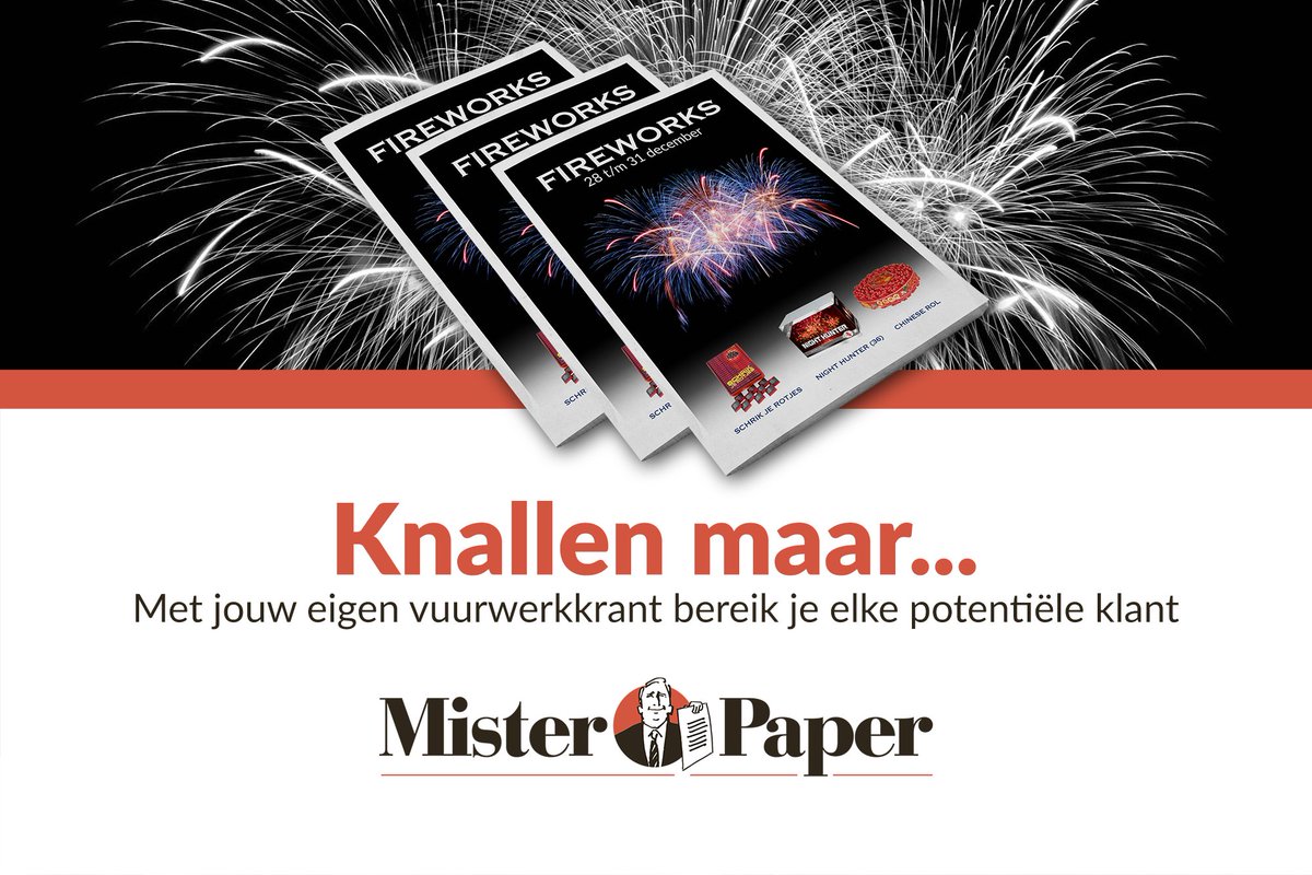 🎆 Geef kleur aan jouw vuurwerk met een eigen krant!

🛒 5.000 Tabloid-kranten 
» Drukken en verspreiden in jouw omgeving? 
» Slechts €583,75  

✅ Zo'n knaleditie werkt natuurlijk omzetverhogend (!) 

Welke vuurwerkmagnaat mag dit niet missen? 👇

🔗 misterpaper.nl