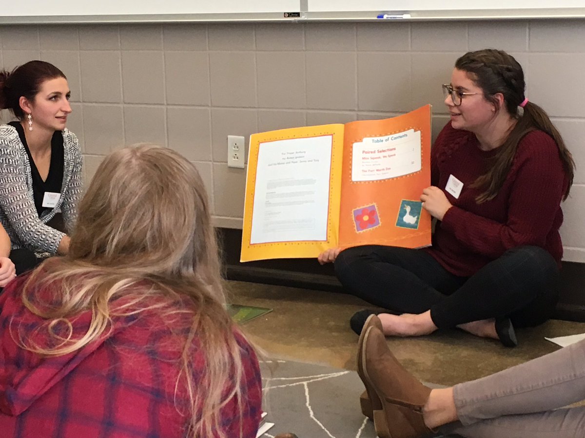 CentralCollEd's tweet image. Education majors engaging their “students” in a shared reading experience on the carpet.