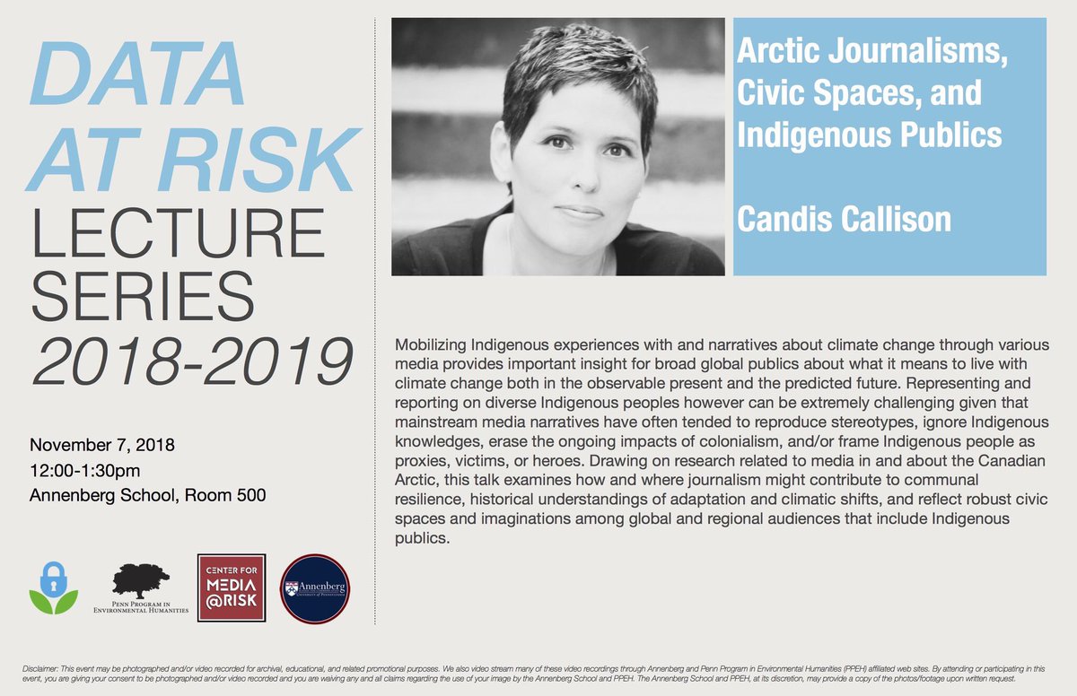 DataRefuge's tweet image. Join us Nov 7 for our second lecturer @candiscallison for our #DataAtRisk series co hosted with @ASCmediarisk ! Call us on will talk #ArcticJournalism &amp;amp; #indigenous stories re #climatechange