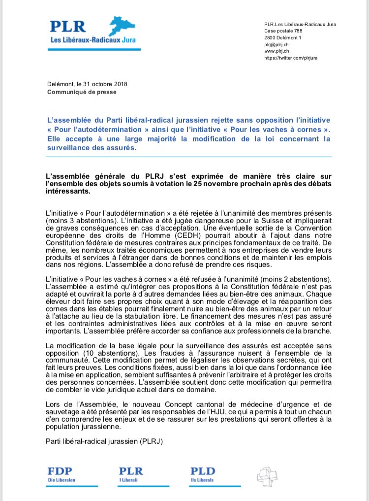 plrjura's tweet photo. [Communiqué de presse]
L’Assemblée générale du PLRJ s’est réunie hier soir et a pris position sur les objets fédéraux du #25nov. 
#PLR #PLRJ https://t.co/Wavwn9GFFQ