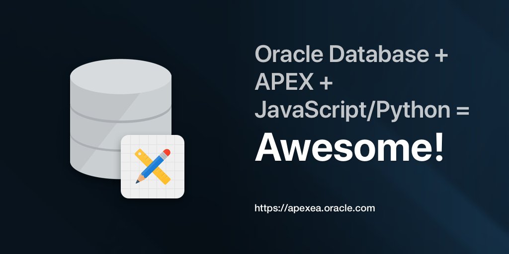 joelkallman's tweet photo. Announcement:  @OracleDatabase + @OracleAPEX + JavaScript/Python = Awesome!

#orclapex #LowCode #NextGen

https://t.co/o4e8PR4fBm https://t.co/cbi3Ib3xo5