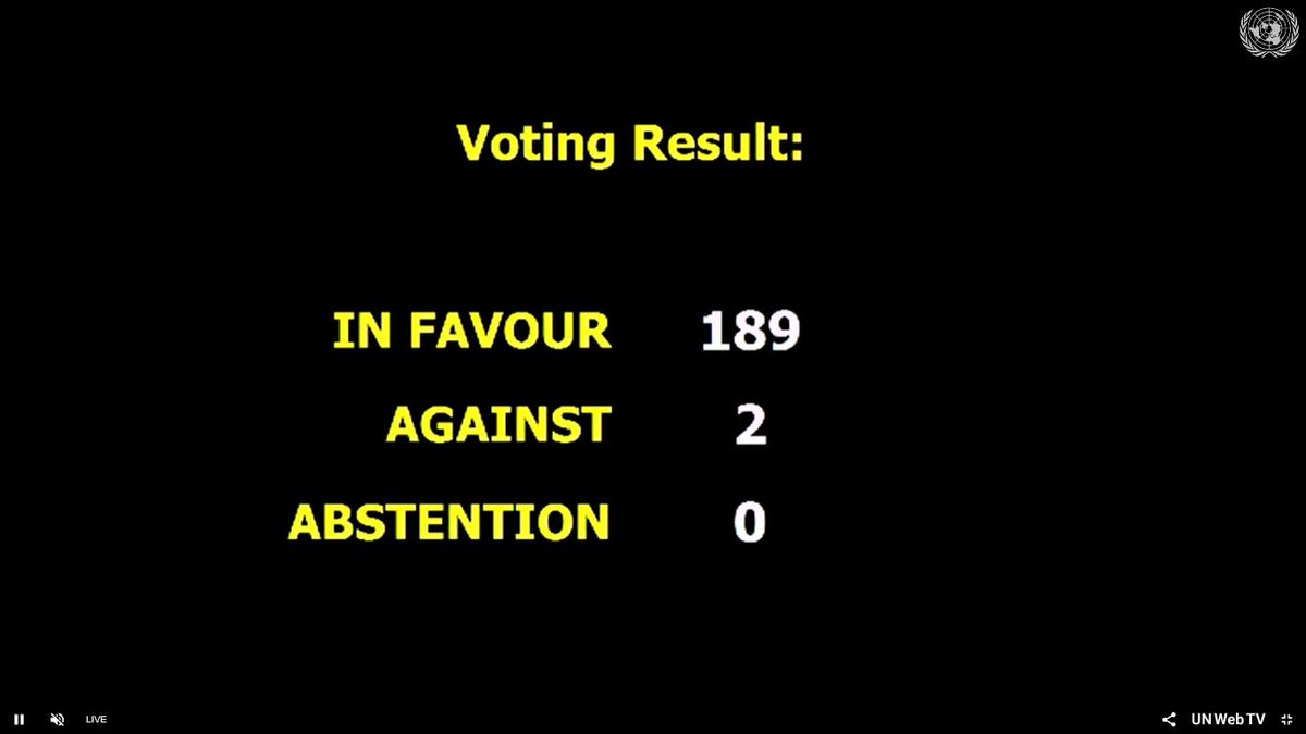 ONU_es's tweet photo. Con 189 votos a favor y 2 en contra, la Asamblea General aprueba una resolución para acabar con el embargo contra Cuba.
Sólo EEUU e Israel votaron en contra. La resolución no vinculante recibe aprobación abrumadora cada año. https://t.co/VIhA7Fm7hW