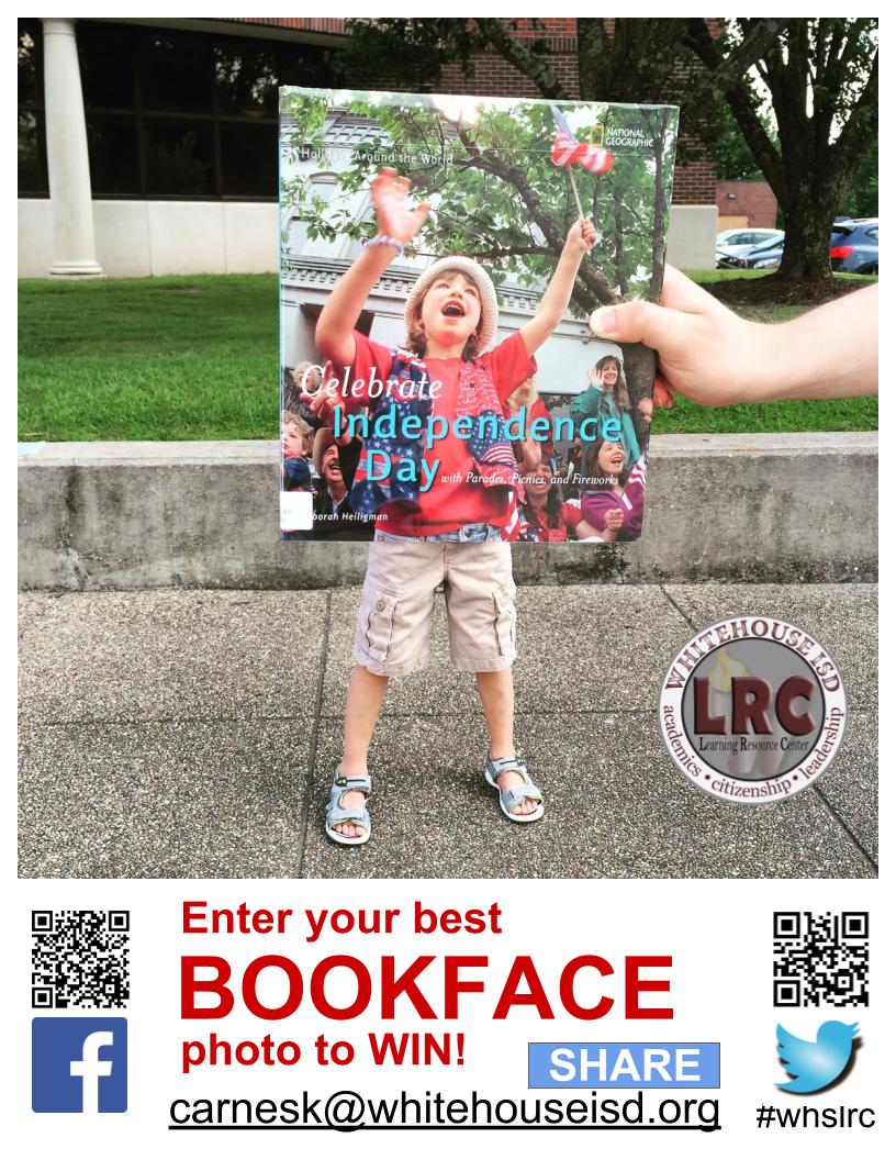 Challenge for November-BOOKFACE! Send your photos to Mrs. Carnes by Nov. 16. VOTING-Nov 17-30.  Facebook, Twitter and LRC likes will be counted.  Get creative! #whslrcchallenge #wisdstudentsfirst