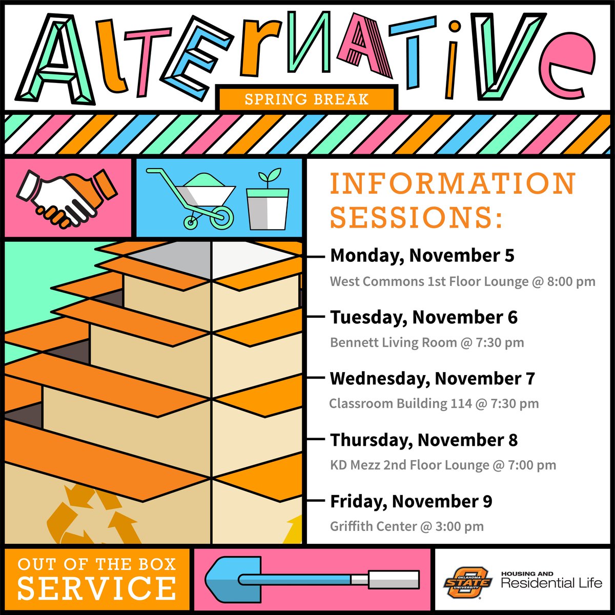 ASBOkstate's tweet image. Join ASB for Information Sessions next week to learn more about our #AlternativeSpringBreakTrip in March! We'll cover location, cost, and what we do! #service #servicetrip #asb #okstate