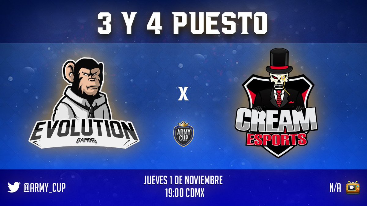 #GAMEDAY | 3 Y 4 PUESTO

🎬 | El dia de hoy llegando al final de la copa se decidira el 3 y 4 puesto de la misma. Suerte ambos equipos y felicidades por haber llegado hasta aqui.
 
@EvolutionTeamCR ⚔️ <a href="/Cream_EsportsGG/">ChichasLocas</a> (<a href="/KevinEscob4r/">Kevin Escobar</a>)

🇲🇽 7:00 
📺 Sin confirmar