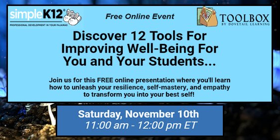 SimpleK12's tweet photo. Would you like to improve your personal well-being while giving your students a way to manage their own emotional, social, and academic success? Join SimpleK12 TOMORROW for this #FreeWebinar to learn more! https://t.co/xcXMDAY9tY #sel #thetoolboxproject #edchat #selfmastery https://t.co/eNt12HOjsp