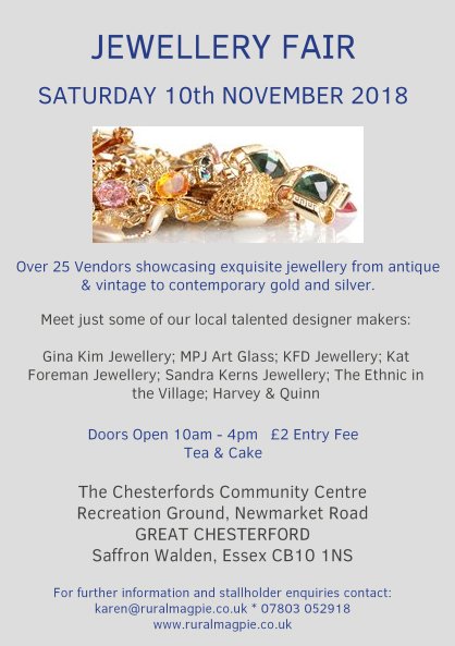 ruralmagpie's tweet photo. Jewellery Fair Sat 10 November 2018 at The Chesterfords Community Centre, Great Chesterford with Gina Kim Jewellery a #CambridgeCreative artisan jewellery designer. https://t.co/xjpmImPw92