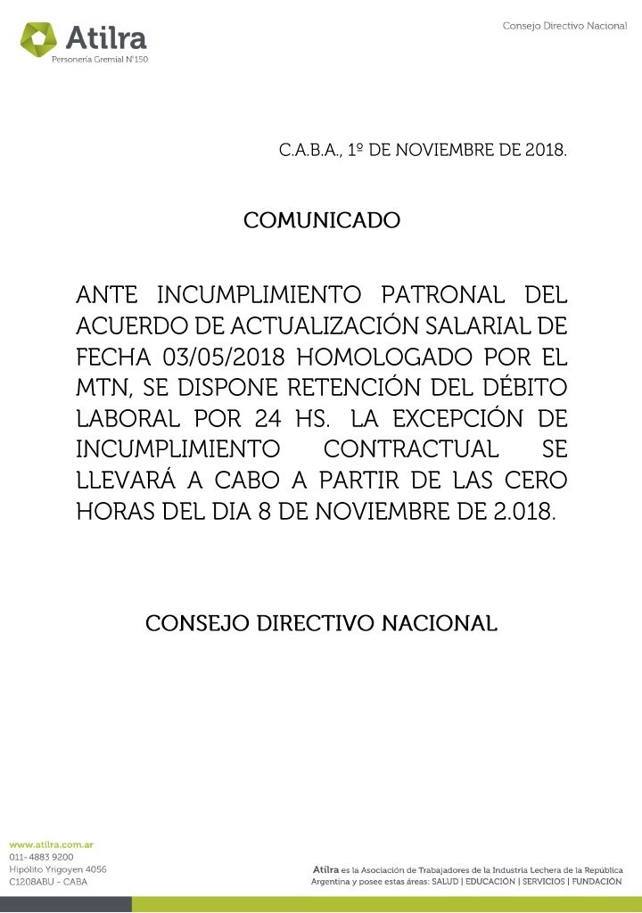 Atilra_Capital's tweet photo. ✅✅✅ Compartimos con ustedes el #Comunicado emitido, en el día de hoy, por nuestro #ConsejoDirectivoNacional

#ActualizaciónSalarial 
#NegociaciónParitaria2018
#Atilra https://t.co/DLQc3uTGhz