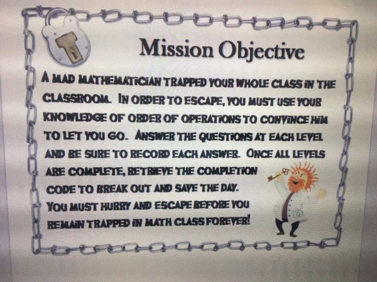 MillerMathGMS's tweet image. Order of operations escape room! Ss LOVED this and worked together so well! #simmonslearns #122edchat @Simmonsknights1