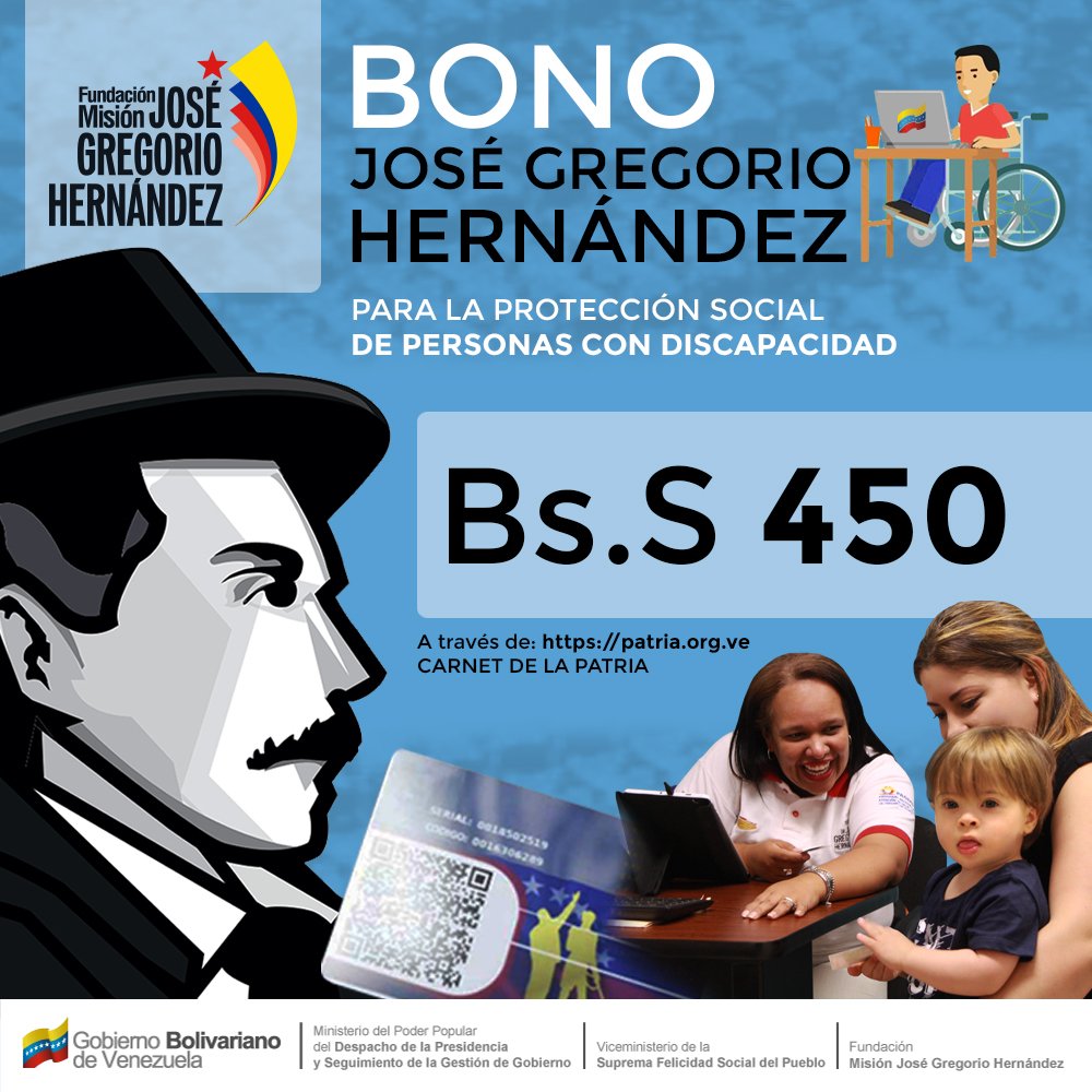 El Sistema de Protección Social ideado por el Presidente Nicolás Maduro a través del Carnet de la Patria contempla la atención integral a las Personas con Discapacidad y le otorga una ayuda mensual de 450 bolívares soberanos del Bono José Gregorio Hernández ✅👏🥰