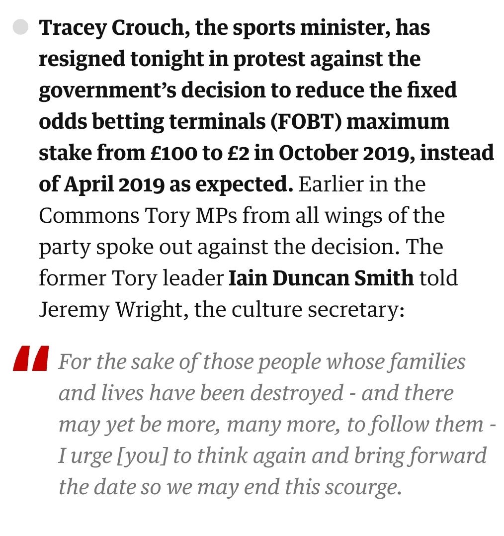 rethinkgambling's tweet photo. Tracey Crouch resigns in protest over #FOBTs delay. #gambling 👏
https://t.co/0YH1psHxff https://t.co/aAkQ5FOkMD